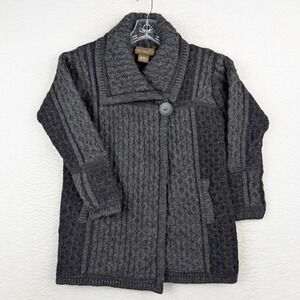 Inis Crafts Sweater Womans Medium Cardigan Cable Knit Merino Gray Black Ireland